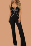 Black Backless Sleeveless Sweetheart Neck with Striking Rhinestone Bow Formal Evening Party Prom Halter Bodycon Jumpsuits
