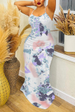 White Purple Graphics Print Sleeveless Backless Spaghetti Strap Casual Bodycon Maxi Slip Dresses