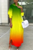 Yellow Graphics Print Turndown Collar Long Sleeve Buttons Casual Vacation Maxi Shirt Dresses