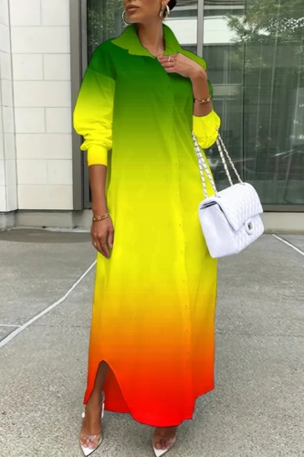 Yellow Graphics Print Turndown Collar Long Sleeve Buttons Casual Vacation Maxi Shirt Dresses