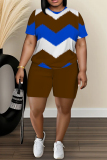 Dark Blue Graphics Print O Neck Short Sleeve Oversize T Shirt and Shorts Sportwear Plus Size Two Piece Matching Set