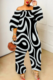 White Black Graphics Print Off Shoulder Long Sleeve Casual Vacation Harem Leg Jumpsuits