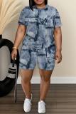 Blue Khaki Faux Denim Print O Neck Short Sleeve Oversize T Shirt and Shorts Sportwear Plus Size Two Piece Matching Set