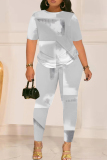 Pink Graphics Print O Neck Short Sleeve T-shirt And Skinny Pants Casual Two Pieces Trouser Sets