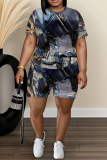 Blue Khaki Faux Denim Print O Neck Short Sleeve Oversize T Shirt and Shorts Sportwear Plus Size Two Piece Matching Set
