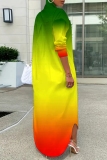 Yellow Graphics Print Turndown Collar Long Sleeve Buttons Casual Vacation Maxi Shirt Dresses