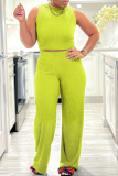Green O Neck Sleeveless Crop Tops And Wide Leg Pants Formal Office Lady Casual Two Pieces Trouser Sets