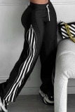 Blue Striped Print Zipper High Waist Casual Sportwear Wide Leg Sweatpants