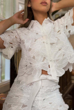White Floral Cut-Out Turndown Collar Flutter Sleeve Crop Top and Wide Leg Pant Summer Outings Vacation Two Pieces Trouser Sets