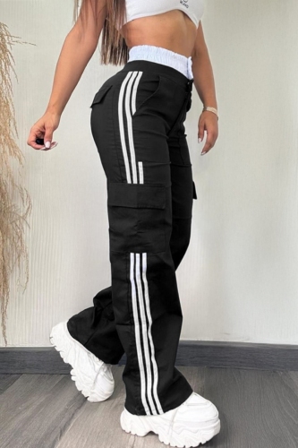White Stripe Print Pocket High Waist Casual Sportswear Wide Leg Cargo Sweatpants White Stripe Print Pocket High Waist Casual Sportswear Wide Leg Cargo Sweatpants