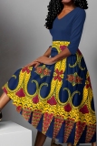 Khaki Graphics Print V Neck Half Sleeve Casual Vacation A Line Pleated Flowy Maxi Dresses