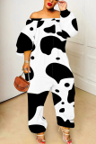 White Black Graphics Print Off Shoulder Long Sleeve Casual Vacation Harem Leg Jumpsuits