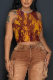 Apricot Graphics Print Sleeveless O Neck Casual Tank Crop Tops