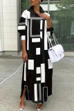 Black White Graphics Print Turndown Collar Long Sleeve Buttons Casual Vacation Maxi Shirt Dresses