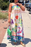 Multicolor Casual Graphics Print Backless Sleeveless Spaghetti Strap Vacation Long Maxi Summer Slip Dresses