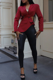 Red Turn-back Collar Long Sleeve Hollow Out Buttons Irregular Casual Blazer Jackets