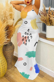 White Purple Graphics Print Sleeveless Backless Spaghetti Strap Casual Bodycon Maxi Slip Dresses