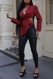 Red Turn-back Collar Long Sleeve Hollow Out Buttons Irregular Casual Blazer Jackets
