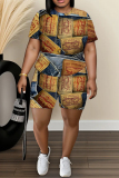 Blue Khaki Faux Denim Print O Neck Short Sleeve Oversize T Shirt and Shorts Sportwear Plus Size Two Piece Matching Set