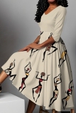 Khaki Graphics Print V Neck Half Sleeve Casual Vacation A Line Pleated Flowy Maxi Dresses