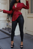 Red Turn-back Collar Long Sleeve Hollow Out Buttons Irregular Casual Blazer Jackets
