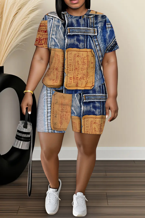 Blue Khaki Faux Denim Print O Neck Short Sleeve Oversize T Shirt and Shorts Sportwear Plus Size Two Piece Matching Set