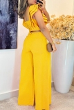 Yellow Square Neck Short Sleeve Ruffle Trim Crop Tops And Wide Leg Pants Vacation Casual Two Pieces Trouser Sets(Without Belt)