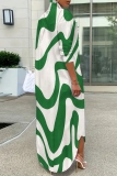 Black White Graphics Print Turndown Collar Long Sleeve Buttons Casual Vacation Maxi Shirt Dresses