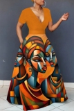 Multicolor Figure Print V Neck Short Sleeve Casual Vacation Maxi Flowy Dresses