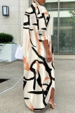 Black White Graphics Print Turndown Collar Long Sleeve Buttons Casual Vacation Maxi Shirt Dresses
