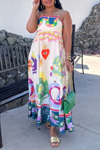 Multicolor Casual Graphics Print Backless Sleeveless Spaghetti Strap Vacation Long Maxi Summer Slip Dresses