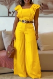 Yellow Square Neck Short Sleeve Ruffle Trim Crop Tops And Wide Leg Pants Vacation Casual Two Pieces Trouser Sets(Without Belt)