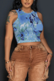 Apricot Graphics Print Sleeveless O Neck Casual Tank Crop Tops
