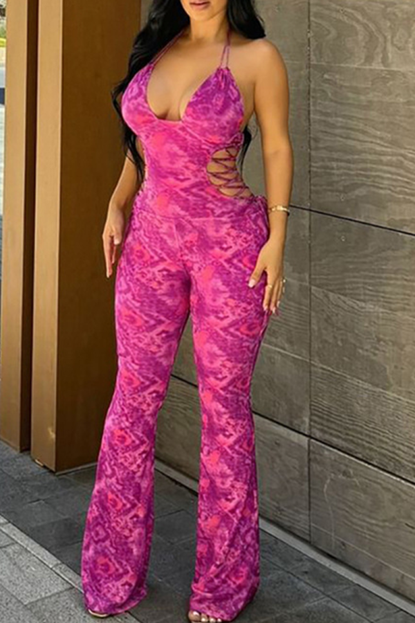 Rose Red Tie Dye Print Sleeveless Backless Cross Straps Spaghetti Strap Nigth Club Halter Skinny Jumpsuits
