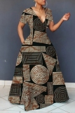 Black Graphics Print V Neck Short Sleeve Casual Vacation Maxi Flowy Dresses