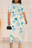 Pink Graphics Print O Neck Short Sleeve T-shirt And Skinny Pants Casual Two Pieces Trouser Sets