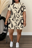 White Blue Graphics Print O Neck Short Sleeve Oversize T Shirt And Shorts Set Sportwear Plus Size Two Piece Matching Set