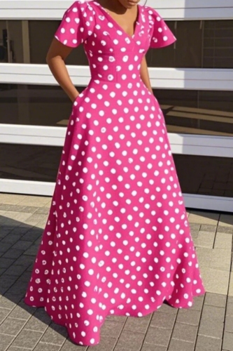 Rose Red Polka Dot Print V Neck Short Sleeve Casual Vacation Maxi Dresses