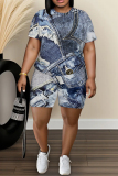 Blue Khaki Faux Denim Print O Neck Short Sleeve Oversize T Shirt and Shorts Sportwear Plus Size Two Piece Matching Set