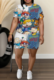 White Blue Graphics Print O Neck Short Sleeve Oversize T Shirt And Shorts Set Sportwear Plus Size Two Piece Matching Set