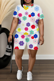 White Graphics Print O Neck Short Sleeve Oversize T Shirt and Shorts Sportwear Plus Size Two Piece Matching Set