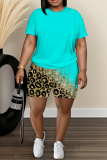 White Blue Graphics Print O Neck Short Sleeve Oversize T Shirt And Shorts Set Sportwear Plus Size Two Piece Matching Set