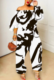 White Black Graphics Print Off Shoulder Long Sleeve Casual Vacation Harem Leg Jumpsuits