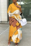 White Black Figure Print Turndown Collar Long Sleeve Buttons Casual Vacation Maxi Shirt Dresses