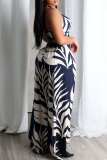 Black Leaf Print Sleeveless Backless Buttons Belted Halter Crop Tops And Wide Leg Pants Vacation Casual Two Pieces Trouser Sets