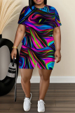 White Graphics Print O Neck Short Sleeve Oversize T Shirt and Shorts Sportwear Plus Size Two Piece Matching Set
