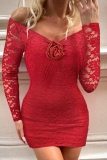 Red 3D Flowers Decor Backless Off Shoulder Long Sleeve Formal Evening Party Prom Lace Bodycon Mini Dresses