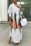 White Black Figure Print Turndown Collar Long Sleeve Buttons Casual Vacation Maxi Shirt Dresses