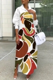 White Black Figure Print Turndown Collar Long Sleeve Buttons Casual Vacation Maxi Shirt Dresses