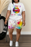 White Graphics Print O Neck Short Sleeve Oversize T Shirt and Shorts Sportwear Plus Size Two Piece Matching Set
